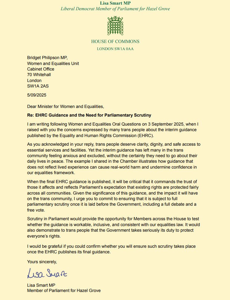 LGBT+ Lib Dems ๐ณ๏ธโ๐๐ณ๏ธโโง๏ธ ๐ถ (@lgbtld) on Twitter photo Thank you to <a href="/LisaSmartMP/">Lisa Smart MP</a> and the other <a href="/LibDems/">Liberal Democrats</a> MPs who have signed this letter demanding that MPs get to scrutinise the new EHRC guidance. ๐ Thank you to <a href="/LisaSmartMP/">Lisa Smart MP</a> and the other <a href="/LibDems/">Liberal Democrats</a> MPs who have signed this letter demanding that MPs get to scrutinise the new EHRC guidance. ๐
