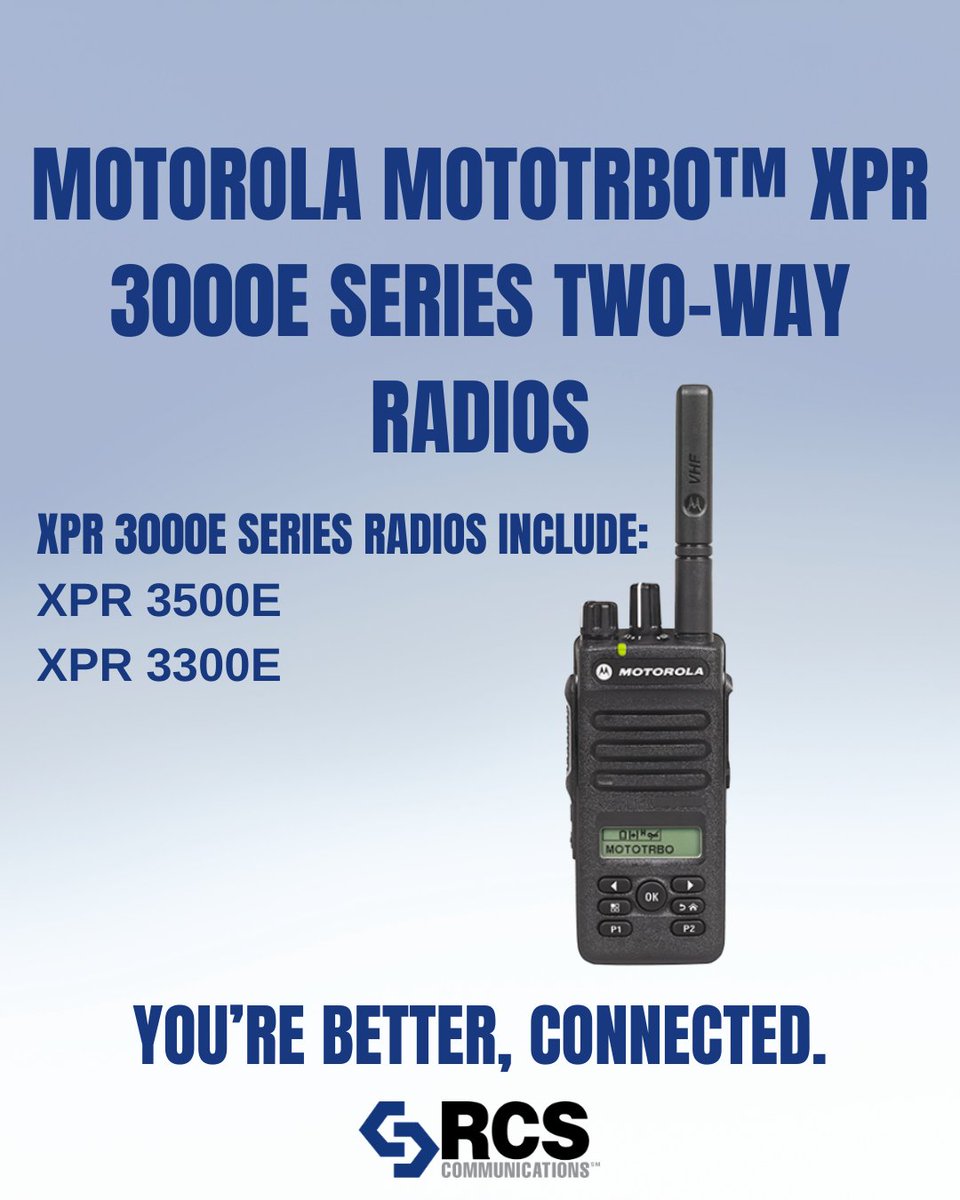 rcsinfo's tweet image. Stay connected, safe, and efficient with Motorola MOTOTRBO™ XPR 3000e Series Two-Way Radios.
Designed for the everyday worker, these next-gen radios deliver clear audio, reliable systems support, and cost-effective connectivity for your team.
#RCS #Two-WayRadios