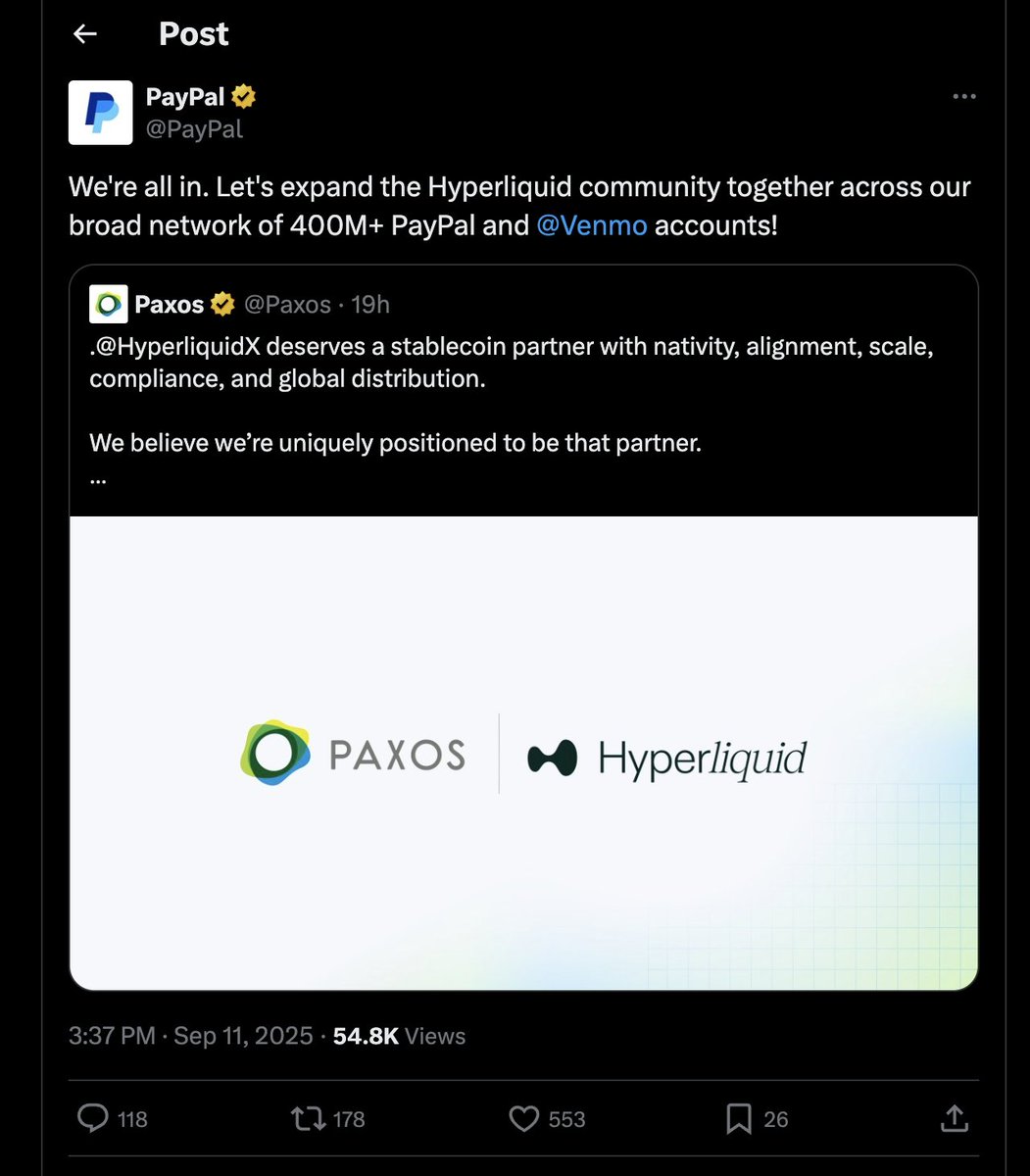 PayPal이 Hyperliquid의 USDH를 지지하는 트윗 스크린샷