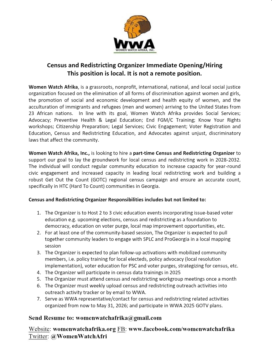 📢Announcement: Women Watch Afrika Is Hiring A Part-Time Census and Redistricting Organizer. See attached flyer