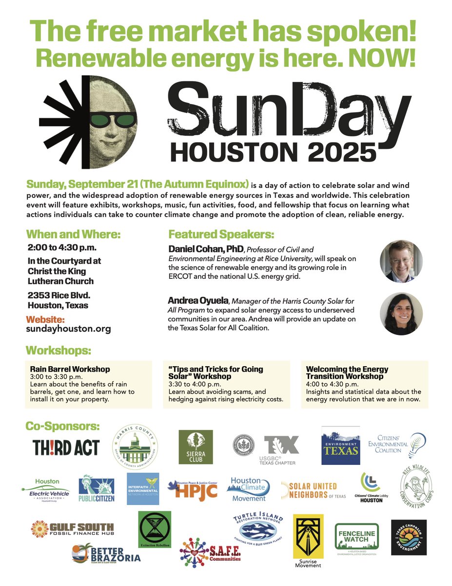 We are proud to be co-sponsors of #SunDay Houston 2025!  Join us Sep. 21st w/ Third Act Texas for a day of action &amp; celebration. Learn how we can tackle #climatechange and advocate for solar and wind energy!  The event will feature exhibits, workshops, music, &amp; food!