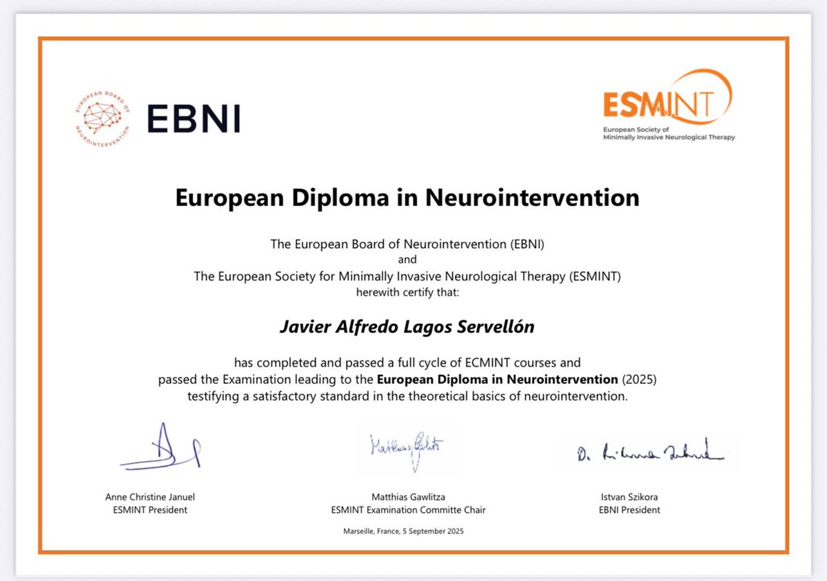 2 años de madrugones y jetlags 👉 Hoy orgulloso de recibir el European Diploma in Neurointervention. Honduras 🇭🇳 presente ✨

2 years of early mornings &amp; jetlags 👉 Today proud to receive the European Diploma in Neurointervention. Honduras 🇭🇳 present ✨
<a href="/esmintsociety/">ESMINT Society</a>
