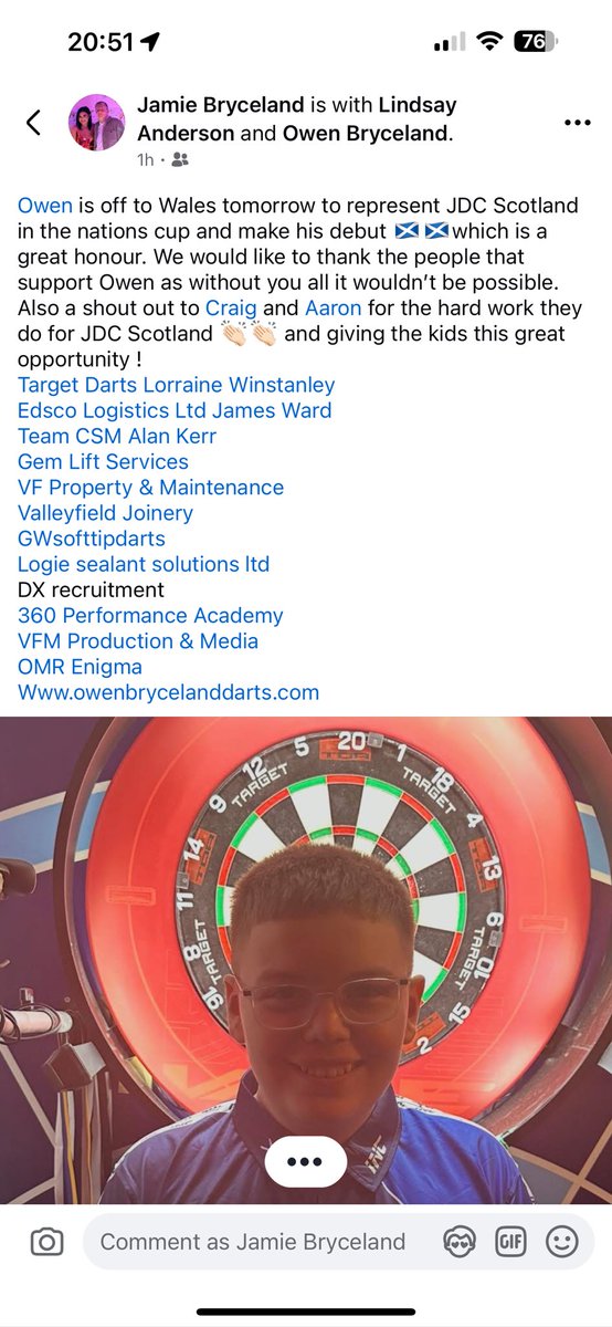 Good luck to <a href="/Owenbryceland21/">Owenbryceland2014</a>  making his debut for 🏴󠁧󠁢󠁳󠁣󠁴󠁿🏴󠁧󠁢󠁳󠁣󠁴󠁿 this weekend in the nations cup. So proud wee man. <a href="/graemewright78/">GW soft tip darts</a> <a href="/lorraine180/">lorraine winstanley</a>  <a href="/TargetDarts/">Target Darts</a>