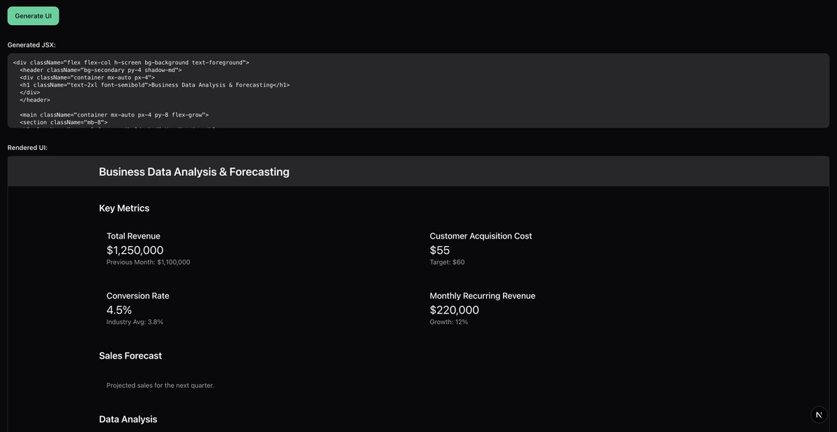_contigen's tweet image. True Generative UI; parsing JSX string from an LLM into frontend UI 😌