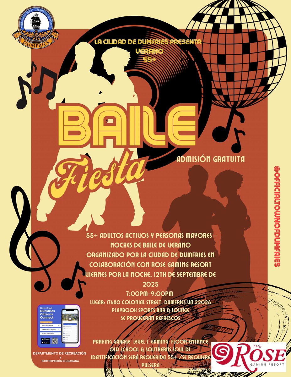 🎶 Get ready to groove, Dumfries! 🎶
Join us for 55+ Summer Dance Night 💃Town of Dumfries in partnership with The Rose Gaming Resort!

📅 Friday, September 12, 2025
🕖 7:00 PM – 9:30 PM
📍 The Rose, Playbook Sports Bar 
  17680 Colonial Street, Dumfries, VA
✅ FREE Admission