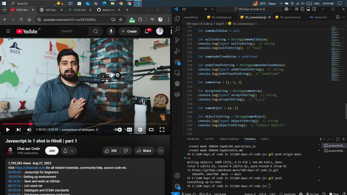 Coder_dnano's tweet image. Day 1/100 โ
Started my #100DaysOfCode journey today!
Learned about Variables, datatypes, conversions & operations in #JavaScript.
Repo: github.com/dnano-more/100โฆ
Excited for the next 99 days ๐
#100DaysOfCode #JavaScript #WebDevelopment #Coding