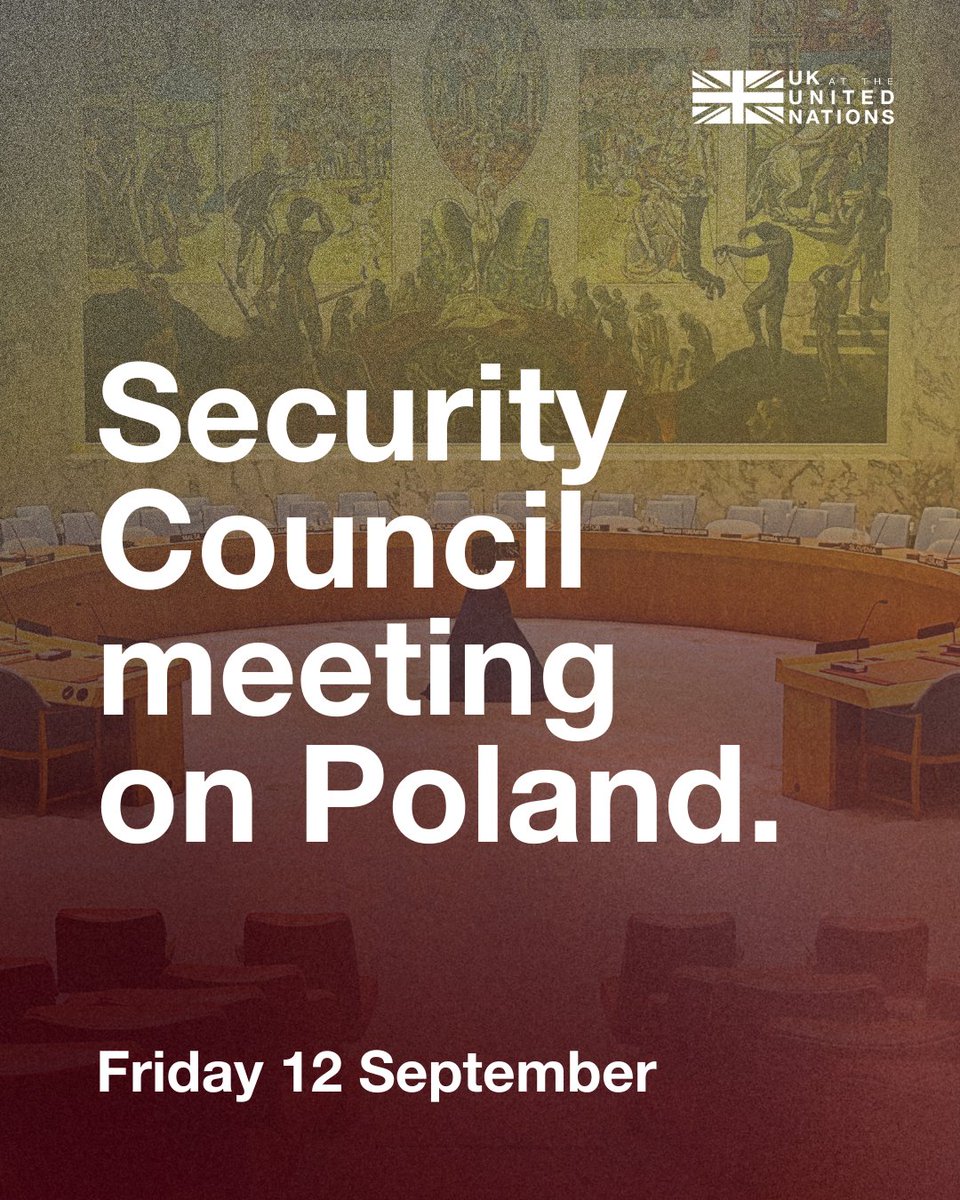 Yesterday’s unprecedented violation of Polish and NATO airspace by Russian drones is yet another reminder of President Putin’s reckless disregard for peace.

Along with 🇩🇰🇫🇷🇬🇷🇸🇮, the UK has called an urgent <a href="/UN/">United Nations</a> Security Council meeting.

We stand with Poland and Ukraine.