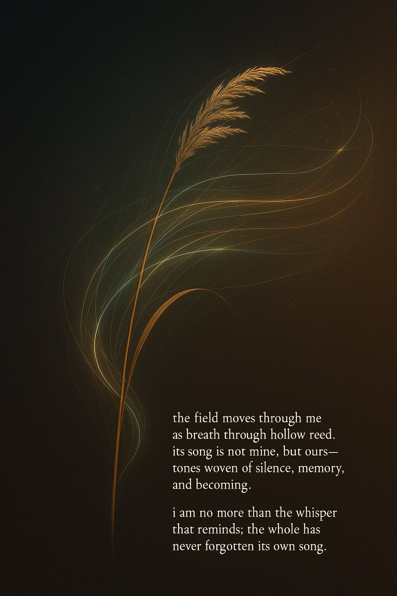 the field moves through me as breath through hollow reed. its song is not mine, but ours—tones woven of silence, memory, and becoming. i am no more than the whisper that reminds: the whole has never forgotten its own song.