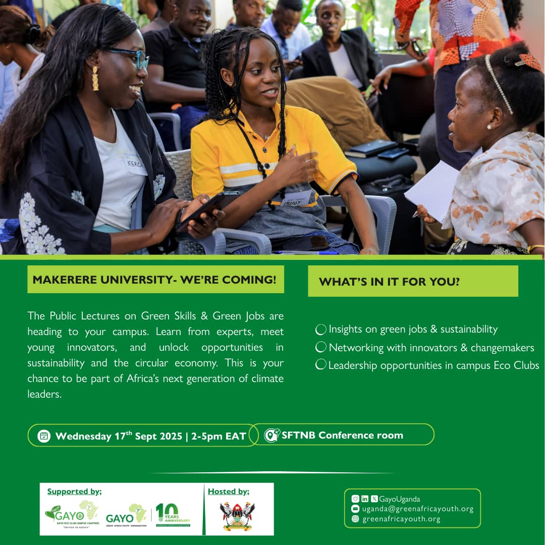 GAYOUgECCC's tweet image. Makerere University we are coming for the Public lecture on #Greenskills and #Greenjobs on Wednesday 17th September 2025 at the School of Food Technology, Nutrition and Bio-Engineering Conference room, from 2 to 5pm. 
To be part, register here.  forms.gle/WL1EFnCYJsBK95…