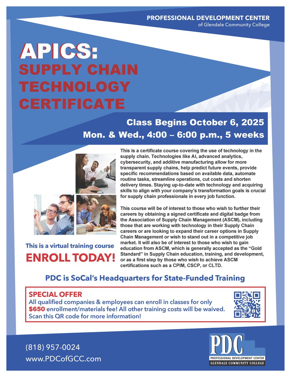 PDCGlendale's tweet image. APICS Supply Chain Technology Certificate training course starts October 6, 2025. Contact us today for more information and enrollment in this course.
#apics #supplychain #goldstandard #certificate #training #ascm #education #professionaldevelopment