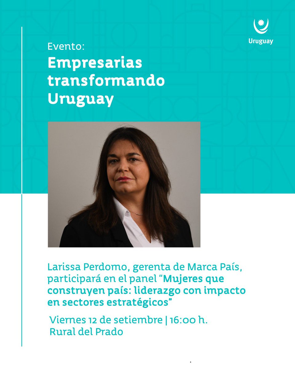 Cuando las líderes crecen, crece el país.

La gerenta de Marca País, Larissa Perdomo, se suma al panel Mujeres que construyen país.

Organizan: CEMM, <a href="/AsocRuralUy/">Asociación Rural del Uruguay</a>, <a href="/CamaraUY/">Cámara de Comercio y Servicios UY 🇺🇾</a>, <a href="/CCU_Oficial/">Cámara de la Construcción del Uruguay</a>, <a href="/camindus/">Cámara de Industrias del Uruguay</a>, <a href="/CutiUy/">Cuti</a>, <a href="/omeu_uy/">OMEU</a>, <a href="/Uniondeexport/">Unión de Exportadores del Uruguay</a> y Xeniors.