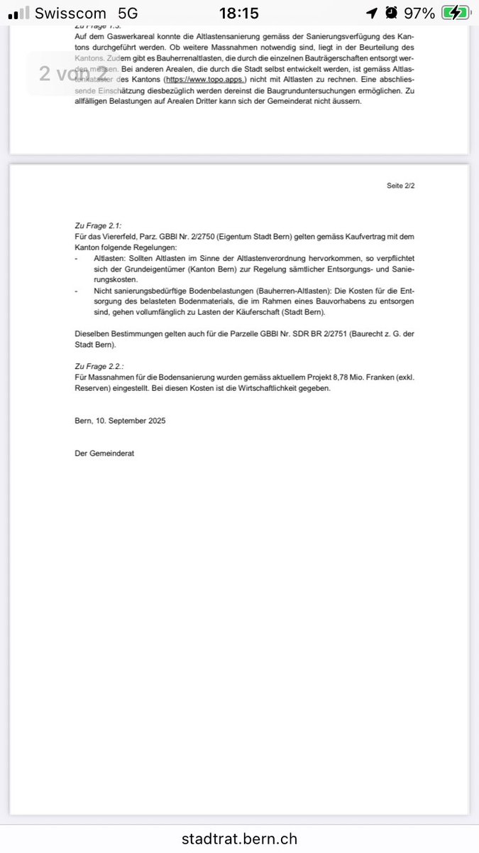 Hier die Antwort zu unserer kleinen Anfrage zu den Altlasten Vierfeld!