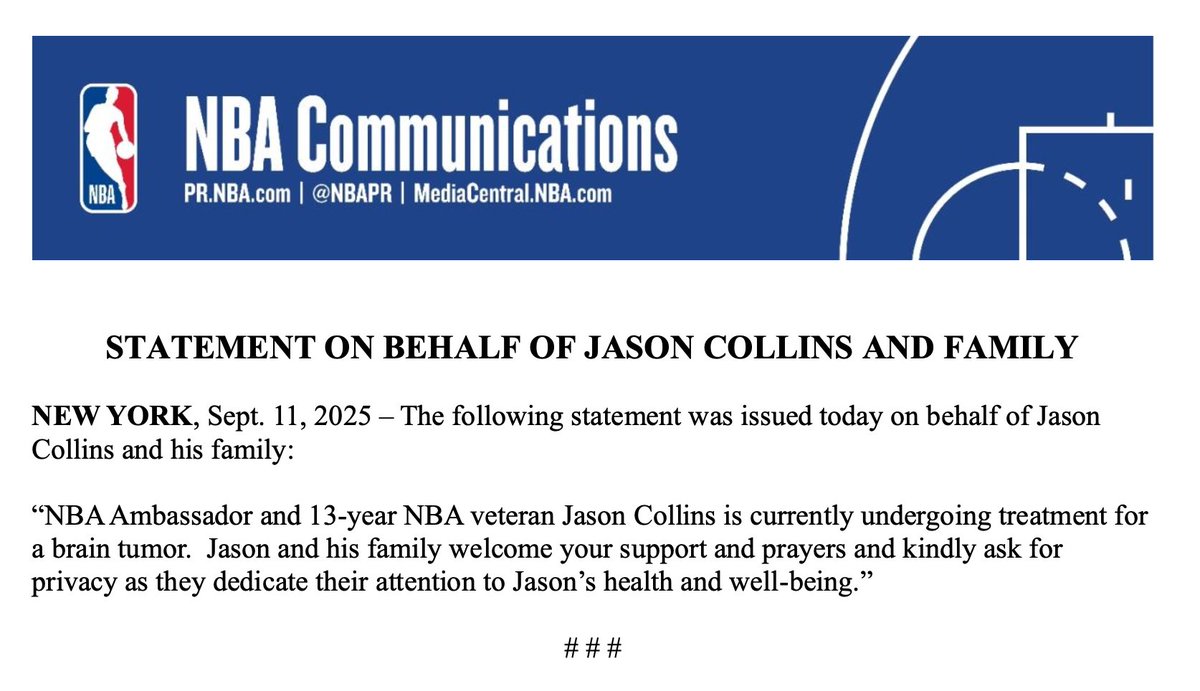 NBAPR's tweet image. The following statement was issued today on behalf of Jason Collins and his family:
