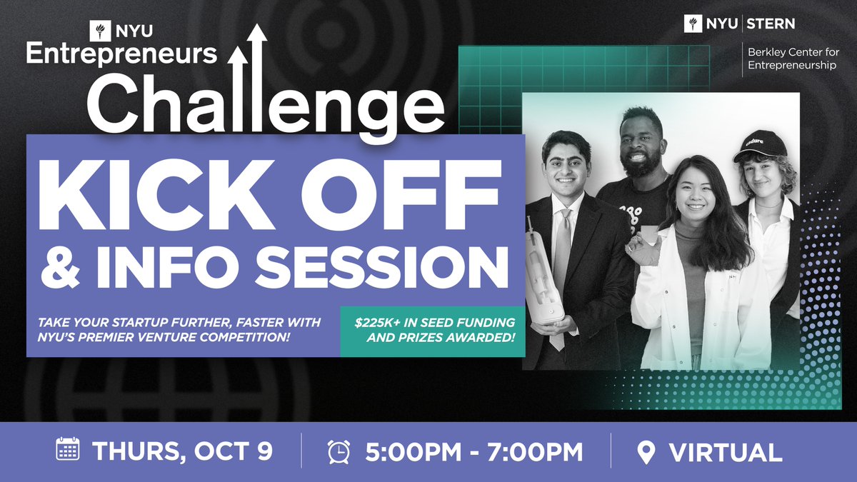 Take your startup further, faster with the NYU Entrepreneurs Challenge, a springboard for promising startups and NYU's premier venture competition!

Learn more at the virtual Kick-Off on 10/9!

RSVP: bit.ly/bce_kickoff_20…

#NYUEntrepreneursChallenge #Venture #Competition