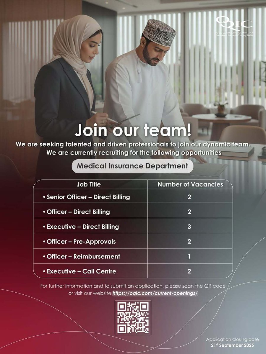 (🔸) الشركات العمانية القطرية للتأمين - وظائف شاغرة
التفاصيل:
m-oman0.net/vb/t31321.html