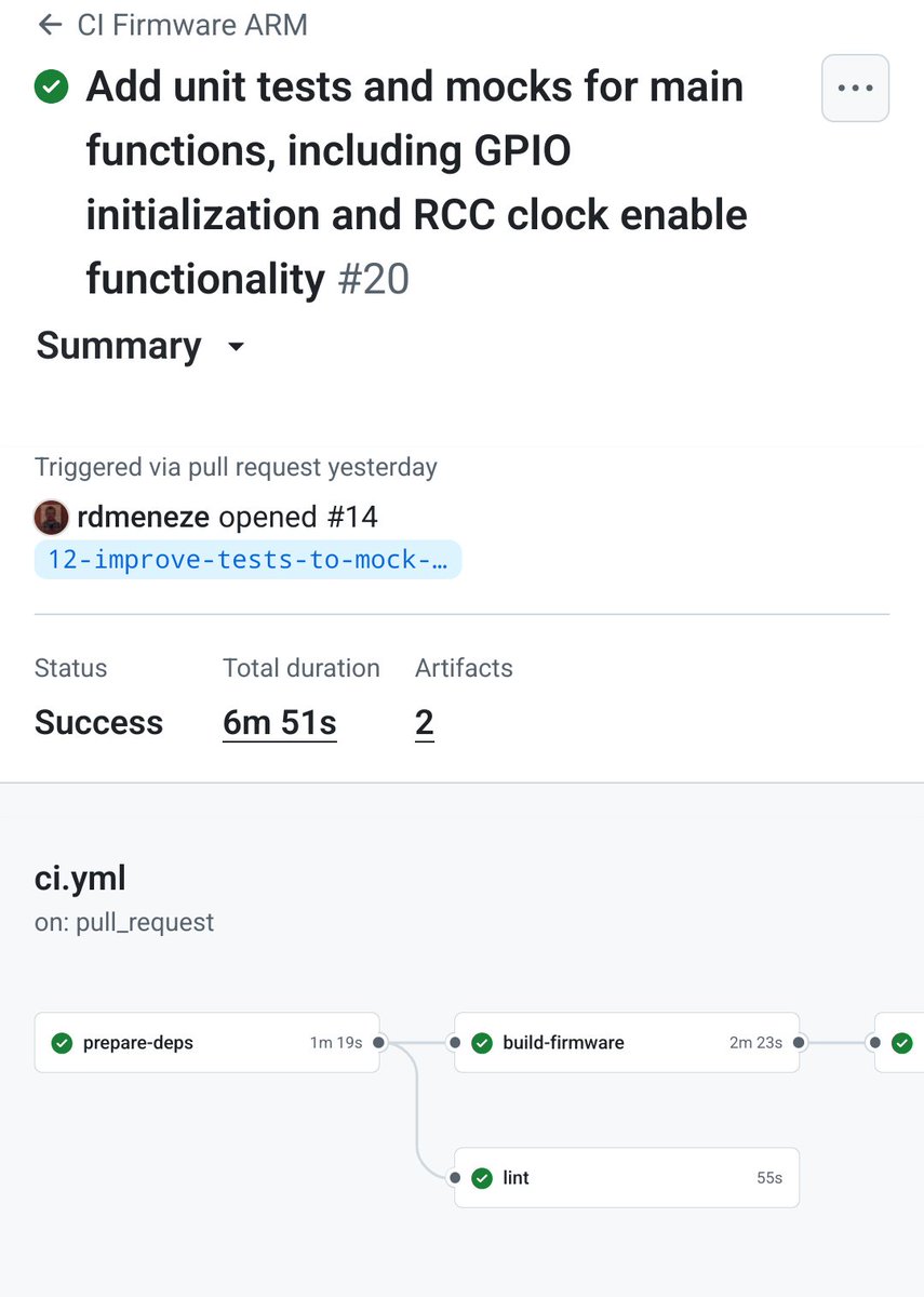 After work, I'm here learning how to set up firmware compilation with GitHub Actions + Docker using a local server I set up here at home... Let's see when that comes out... link to repository:
github.com/rdmeneze/cmake…

 #github #actions #embedded #infra #devops #googletest