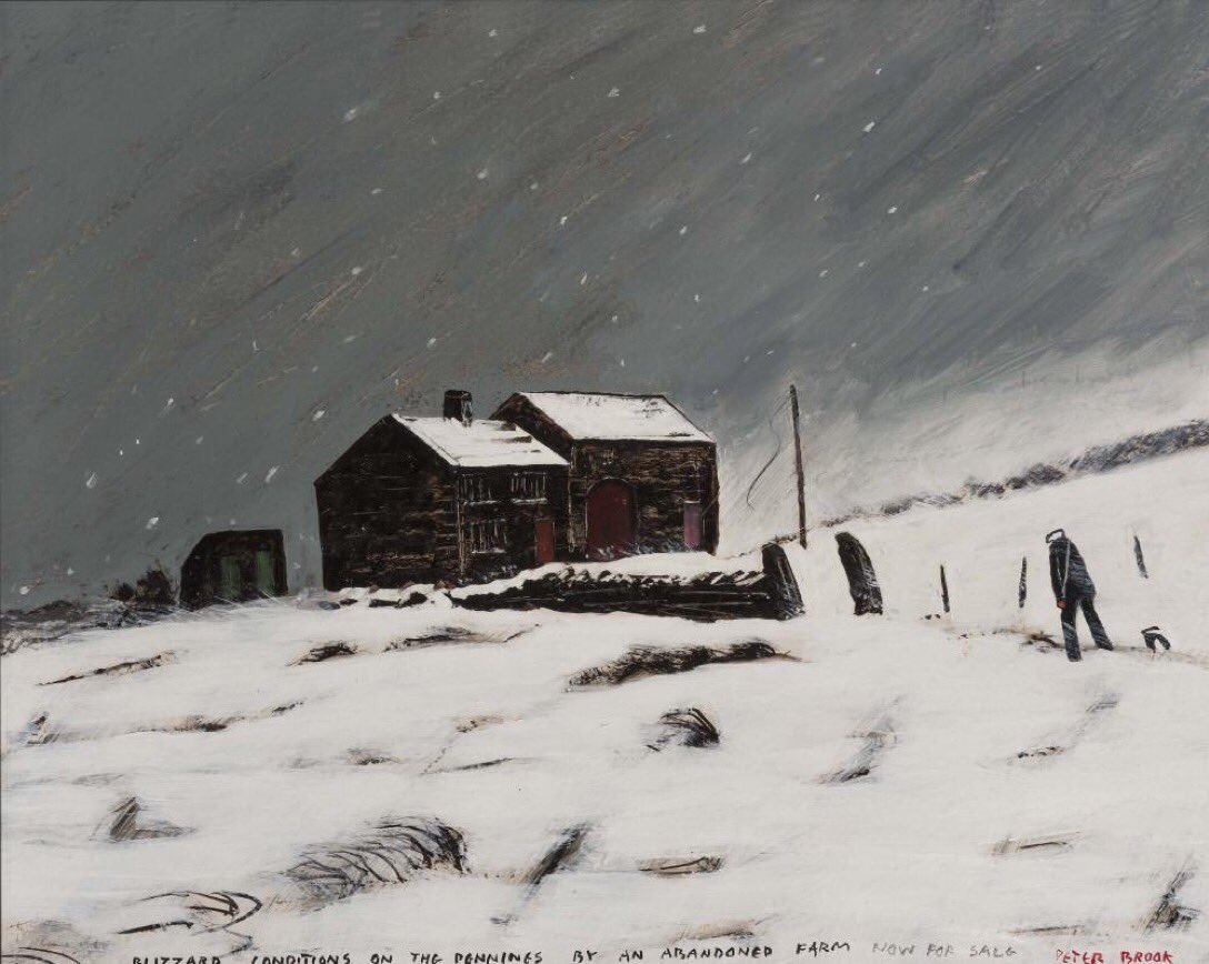 Sudden heavy downpours and hail this afternoon, but not quite as bad as ‘Blizzard Conditions on the Pennines by an Abandoned Farm - Now for Sale’ with Peter Brook and Shep struggling up the hillside and the broken power line flapping in the wind. (Sold at Hartleys in 2019)