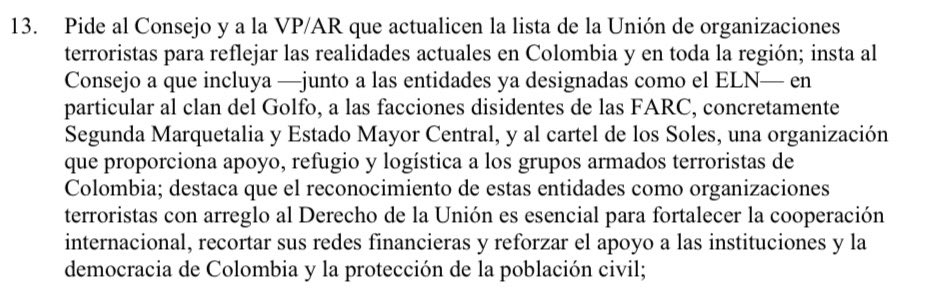 Importante resolución aprobada hoy en el Parlamento Europeo en la que se exhorta a la Unión Europea🇪🇺 que declare al Cártel de los Soles como organización criminal. Se suma a los esfuerzos parlamentarios en Perú🇵🇪, Ecuador🇪🇨, Colombia🇨🇴, Chile🇨🇱, Costa Rica🇨🇷, Panamá🇵🇦 y