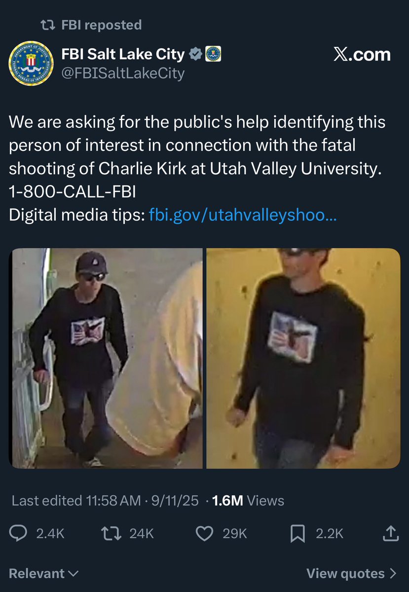 clavijo_israel's tweet image. Estamos pidiendo la ayuda del público para identificar a esta persona de interés en relación con el tiroteo fatal de Charlie Kirk en la Universidad de Utah Valley. 1-800-CALL-FBI Consejos sobre medios digitales: fbi.gov/utahvalleyshoo…
@charliekirk11 #helpcommunity 
@FBI…