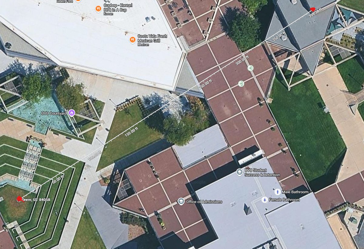 xmatrixmx's tweet photo. The shooter who shot Charlie Kirk on 9/10 was at rooftop of the Losee Center in Utah Valley University. The flyby distance of bullet trajectory is about 400 ft, which is approximate 135 yards. https://t.co/BncoEX12tl