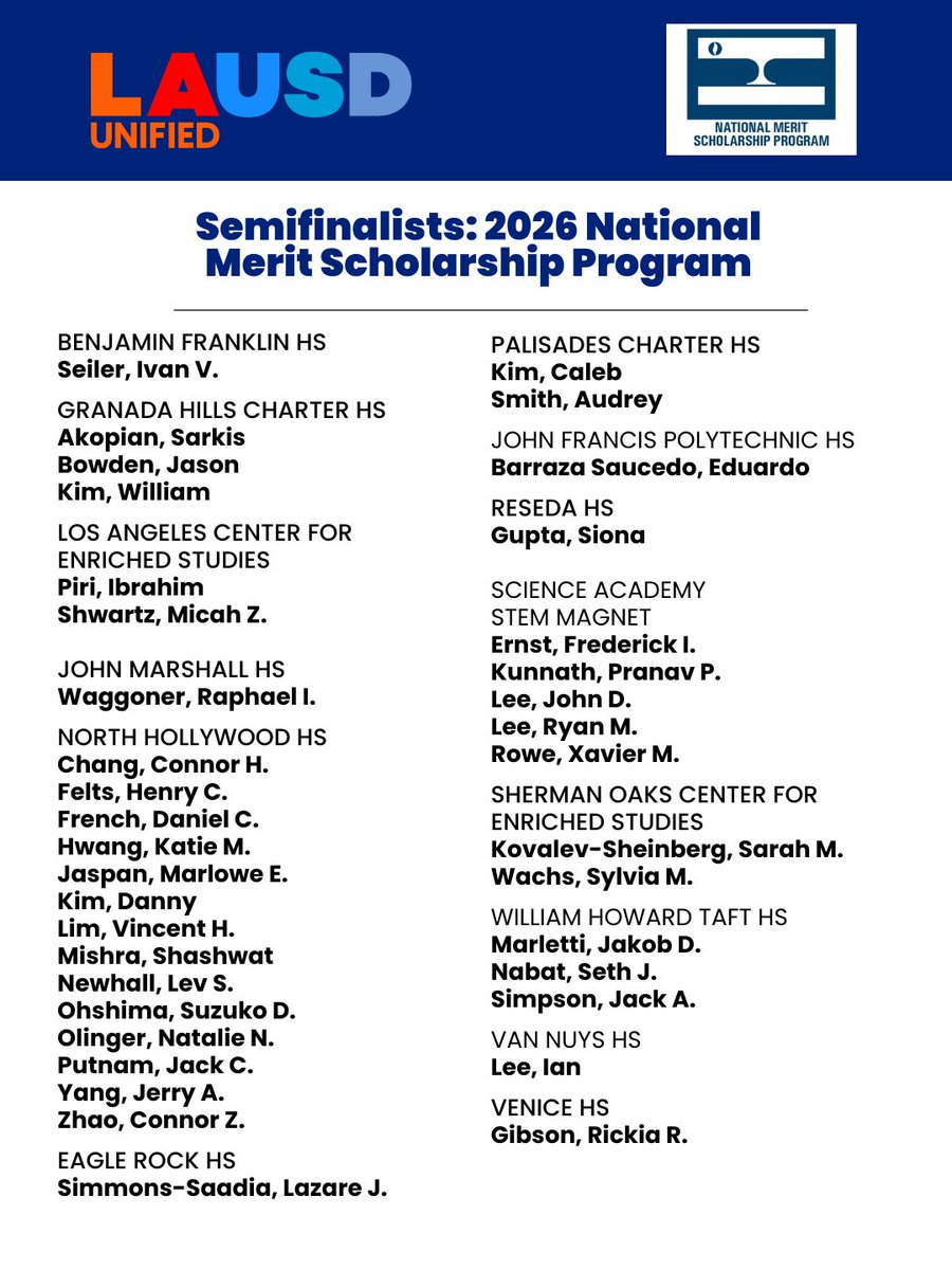 A shining achievement! 🌟 Congratulations to the 38 outstanding Los Angeles Unified students recognized as National Merit Scholarship semifinalists. This honor celebrates not only their academic excellence but also their determination and leadership. We are so proud of you!