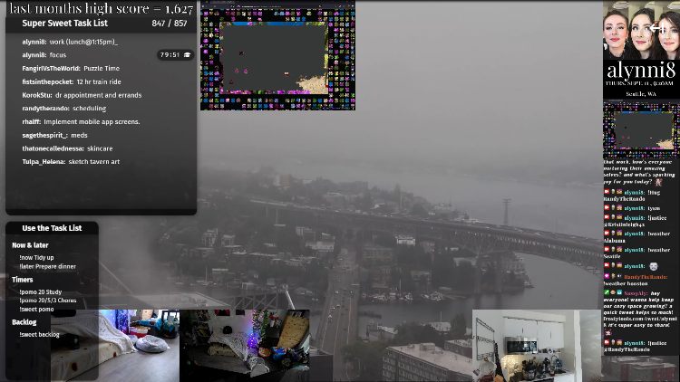 alynni8's tweet photo. guys come hang w/ us! (nearly one year non-stop 24/7!)

we're solving puzzles, sharing weather updates, &amp; getting work done together. 

perfect chill vibes for a foggy morning. let's grow this amazing community! 💜 #Twitch

#CoWorking #WorkAndChill #SmallStreamerCommunity https://t.co/rbQSycLfCB