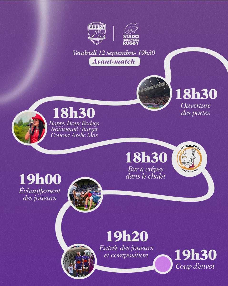 𝑽𝒐𝒕𝒓𝒆 𝒂𝒗𝒂𝒏𝒕-𝒎𝒂𝒕𝒄𝒉 𝒂̀ 𝑽𝒆𝒓𝒄𝒉𝒆̀𝒓𝒆

🪩 Rendez-vous en Bodega Cave de Marboz dès 18h30 !
🥞 Le Barakrep vous attend au niveau du chalet des américains dans l'en-but.

#AllezViolets
🟣#DéfendreNotreCouleur