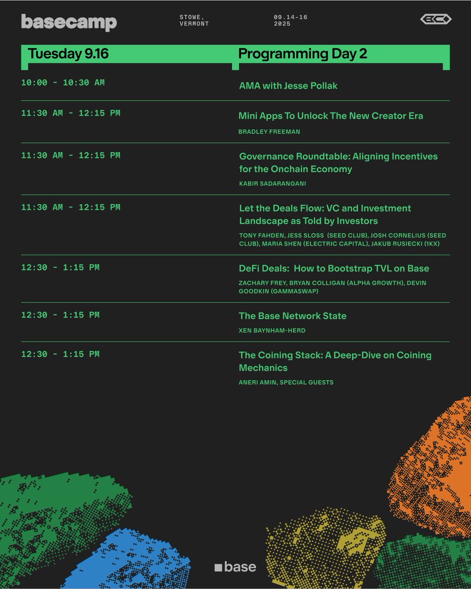 Base (@base) on Twitter photo Two days. Tons of based sessions.
From coining mechanics to onchain payments to the future of Base itself, here's what to expect at BaseCamp.
Featuring: <a href="/jessepollak/">jesse.base.eth</a>, <a href="/ShanAggarwal/">Shan Aggarwal</a>, <a href="/js_horne/">$jacob</a>, <a href="/wagmiAlexander/">alexander</a>, <a href="/miratisu_ps/">Miratisu 🐙</a>, <a href="/WilsonCusack/">wilson.base.eth</a>, <a href="/antoniogm/">Antonio García Martínez (agm.eth)</a>, <a href="/Spencer_based/">Spencer Stock</a>, Two days. Tons of based sessions.
From coining mechanics to onchain payments to the future of Base itself, here's what to expect at BaseCamp.
Featuring: <a href="/jessepollak/">jesse.base.eth</a>, <a href="/ShanAggarwal/">Shan Aggarwal</a>, <a href="/js_horne/">$jacob</a>, <a href="/wagmiAlexander/">alexander</a>, <a href="/miratisu_ps/">Miratisu 🐙</a>, <a href="/WilsonCusack/">wilson.base.eth</a>, <a href="/antoniogm/">Antonio García Martínez (agm.eth)</a>, <a href="/Spencer_based/">Spencer Stock</a>,