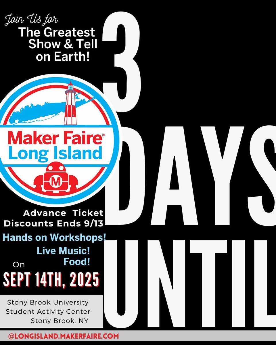 🎉 Only 3 days left!
Maker Faire Long Island brings the spectacle:

🔥 Fire art
🤖 R2-D2 droids
🌊 Solar-powered boats
🛠 Giant contraptions

🎟 Advance tickets → buff.ly/GAyoeHU