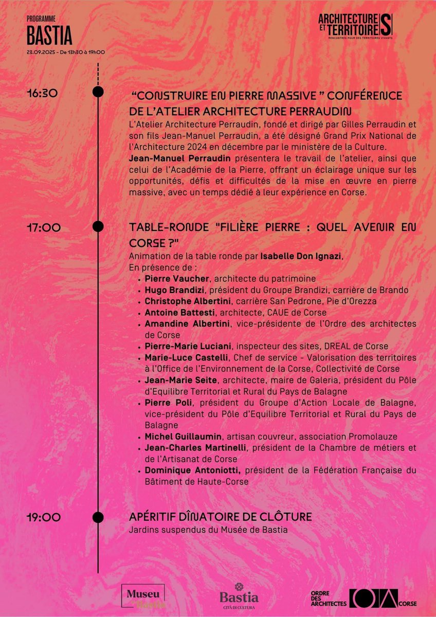 📣 Architectures &amp; Territoires 2025 📣
« Filière pierre : quel avenir en Corse ? »

📍 Musée de Bastia
🗓️ mardi 23 septembre 2025
🕜 à partir de 13h30

Conférences, projection, débats…
Consultez notre programme 👇

Inscription obligatoire : my.weezevent.com/architectures-…