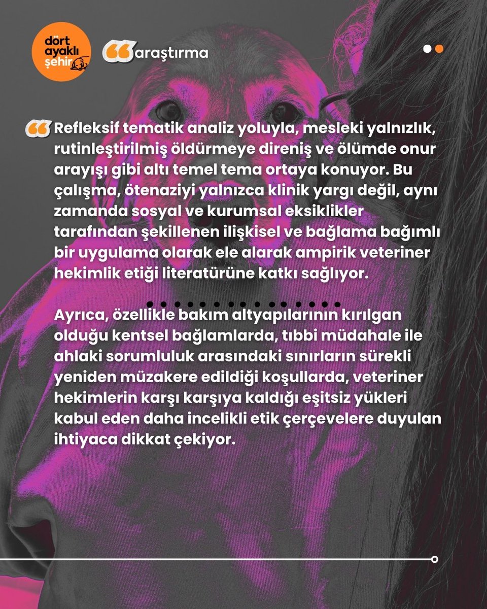 Yeni araştırma makalesi: "Veteriner hekimlikte etik uygulamalar?: İstanbul'da evcil ve sokak köpeklerinde ötenaziye ilişkin karar alma süreçleri"

Akademik araştırmalar koordinatörümüz Mine Yıldırım'ın yeni araştırma makalesi, uluslararası hakemli Animals dergisinde yayımlandı 📚