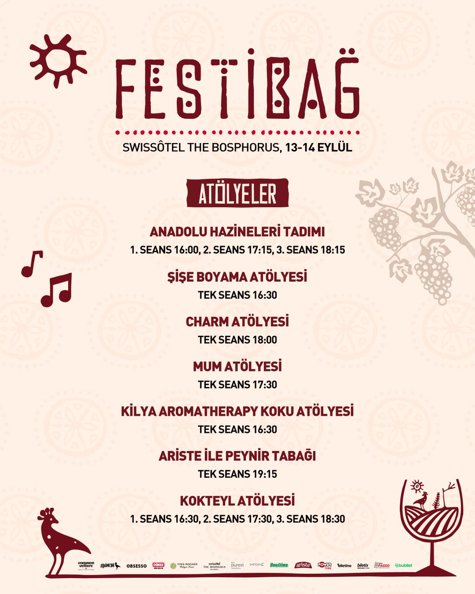 Festibağ deneyimi sadece sahnede değil, atölyelerde de devam ediyor! 🍇

📍Katılım için kayıt işlemleri festival alanında yapılacaktır. Atölye programı festivalin her iki günü için de geçerlidir.

#Festibağ #BağımızVar #BağımızdaFestivalVar