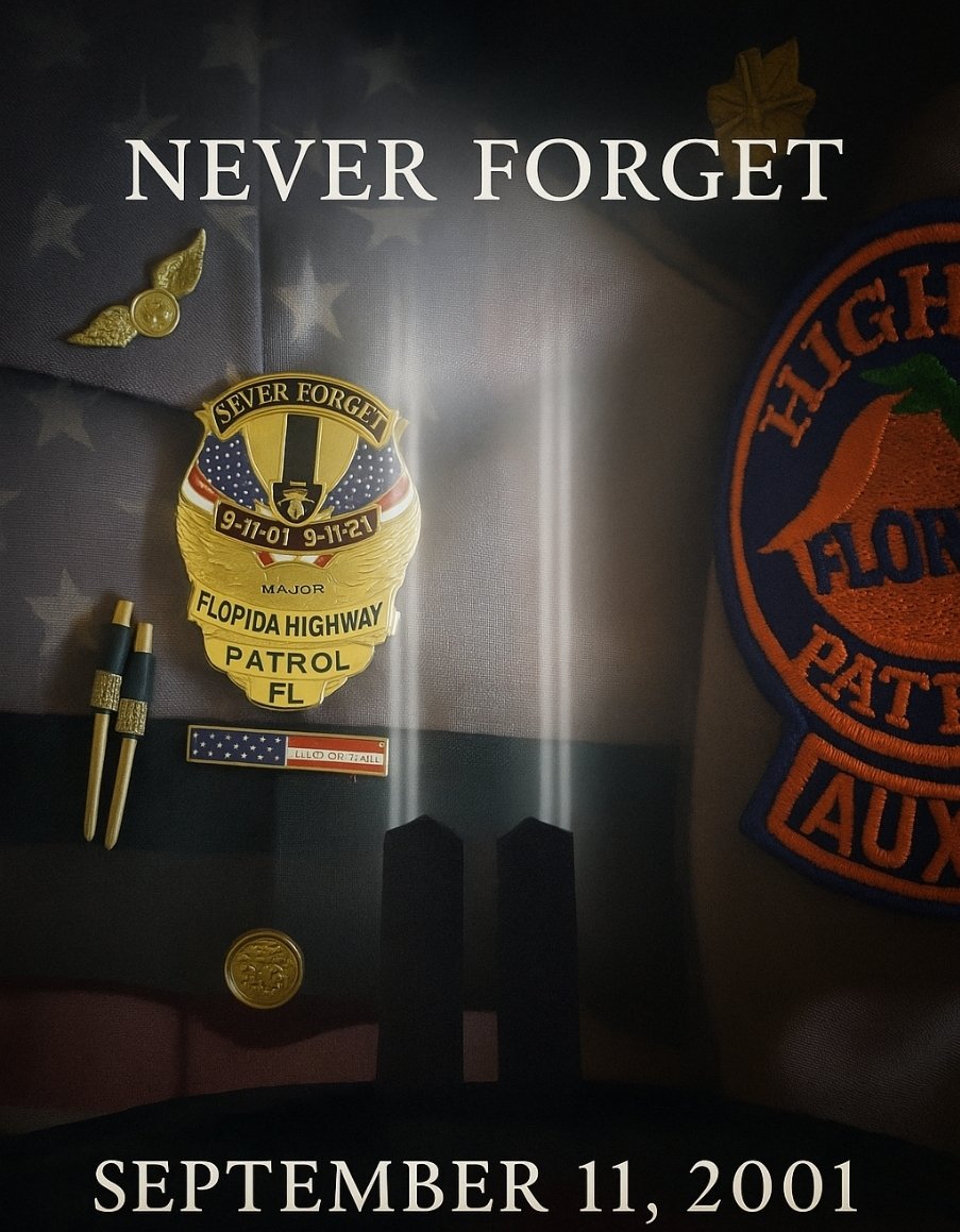 FHPAuxiliary's tweet photo. On this day, we honor the lives lost on 9/11 and the bravery of those who answered the call. The Florida Highway Patrol Auxiliary stands in remembrance and gratitude.

9.11.01 — We will never forget.
#NeverForget #September11 #FHPAuxiliary https://t.co/QS1ceRmNx4