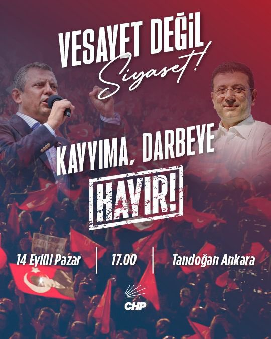 Vesayete karşı, demokrasi için!
Kayyıma ve darbeye karşı, halkın iradesi için!

Genel Başkanımız Sayın Özgür Özel’in öncülüğünde gerçekleştireceğimiz Büyük Ankara Mitingi’ne
tüm yurttaşlarımızı davet ediyoruz.

🗓 14 Eylül Pazar
🕕 17.00
📍 Tandoğan Meydanı – Ankara

Gelin, hep