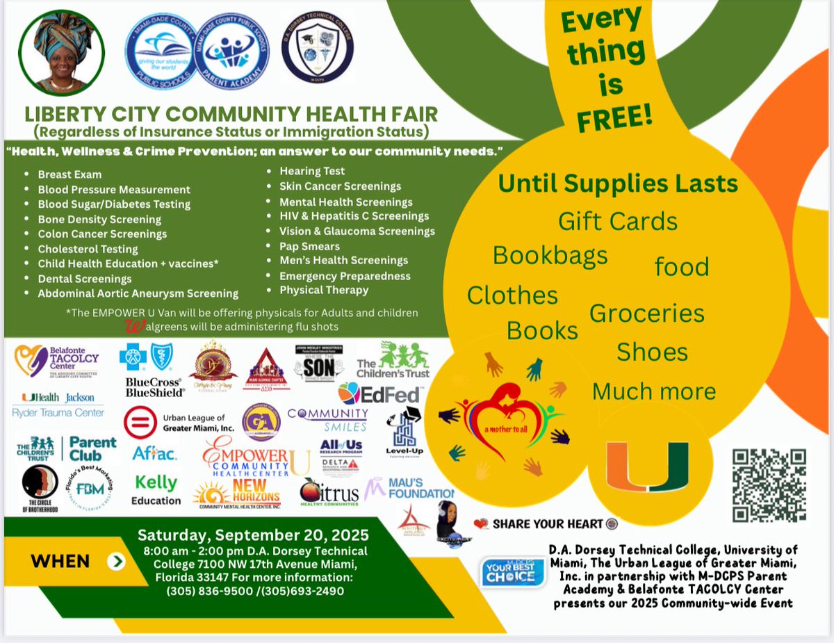 ProjectUPSTART's tweet image. Hello Families!
Be sure to stop by our table at the Liberty City Community Health Fair!
Free health screenings
Community resources Giveaways — bookbags, gift cards, food, clothes & more!
Saturday, Sept. 20, 2025
8:00 AM – 2:00 PM
@DADorseyTC
