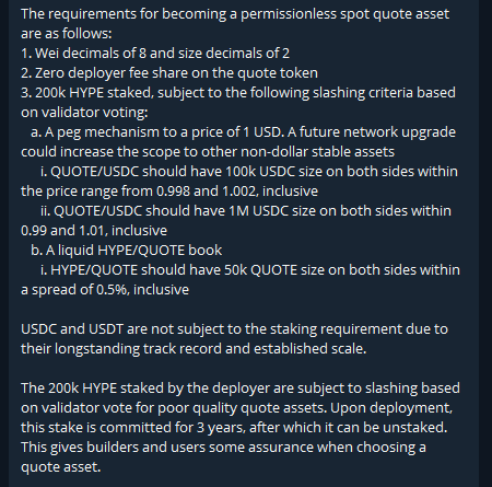 stevenyuntcap's tweet image. PSA to USDH bidders: the preliminary rules to become a quote asset just dropped. 

There is a 3 year commitment of staking 200K HYPE + a myriad of reqs (slashing will occur if the reqs are not met).

I'm not sure how many teams have HYPE, but they will have to soon!

Hyperliquid
