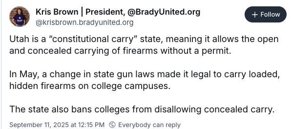 2Aupdates's tweet photo. Brady now blaming concealed carry for a murder committed with a rifle https://t.co/z3ERkzSUQT
