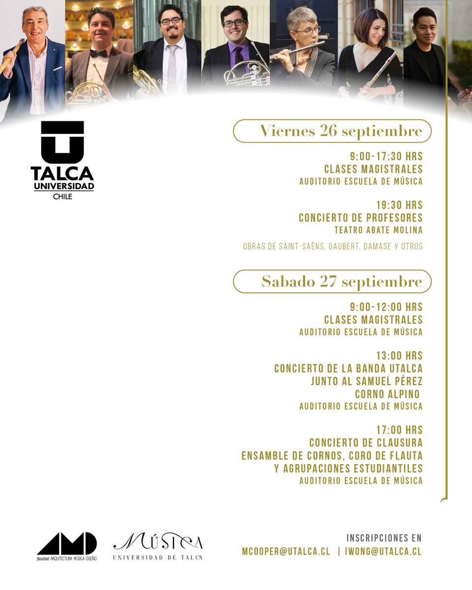 📯🪈 II Encuentro de Corno y Flauta UTalca

📅 26 a 27 de septiembre 2025
📍 Escuela de Música UTalca (Av. Lircay s/n, Talca)
⏰ Desde 09:00 h
📧 Informaciones e inscripciones: mcooper@utalca.cl / iwong@utalca.cl
✅ Entrada liberada y gratuita