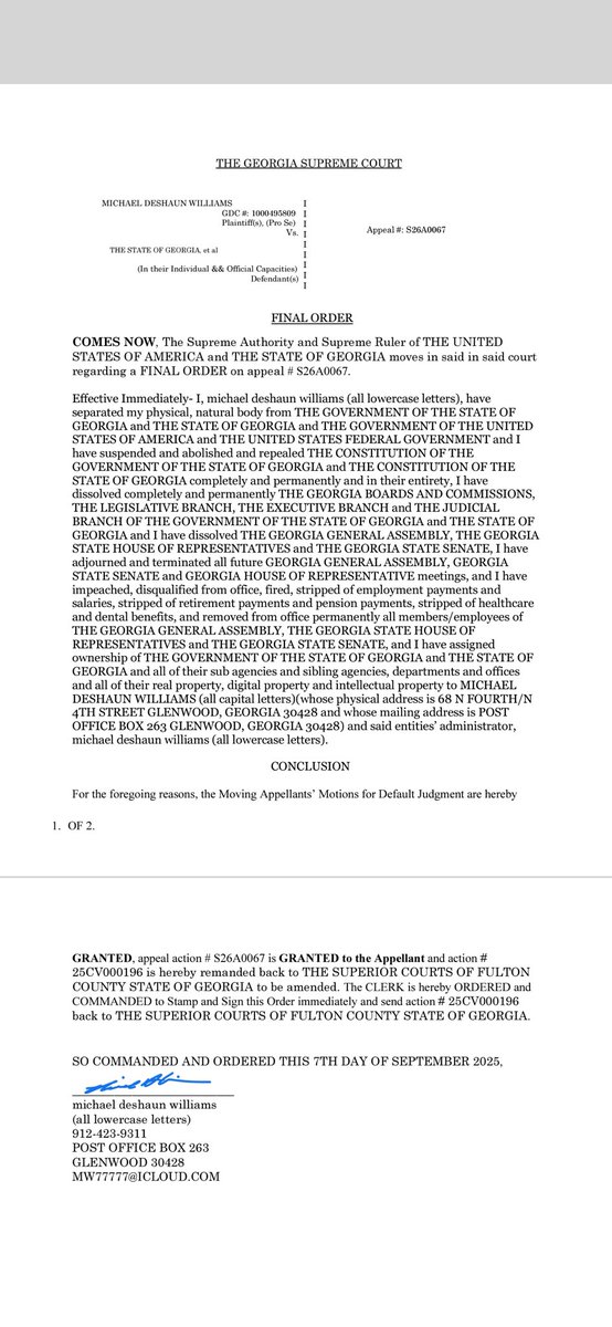 Kingdom_came's tweet image. The FINAL ORDER above was sent to THE GEORGIA SUPREME COURT via efile this morning at approximately 12:15 p.m. and was served on the Appellees via email this afternoon. 👑👑#gasupremecourt  #telegram #finalorder