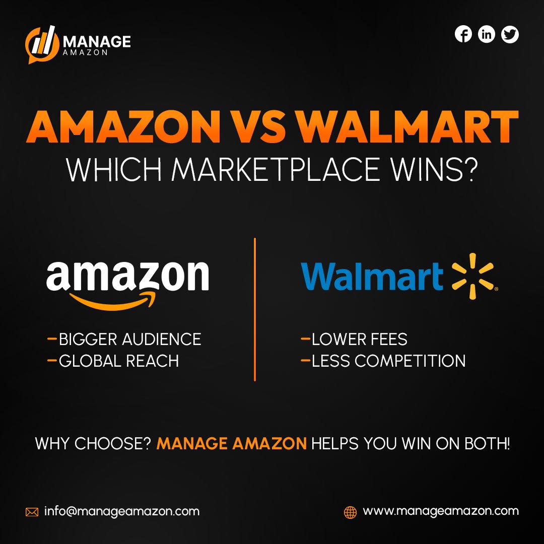 manageamazon's tweet image. Amazon = bigger audience &amp;amp; global reach 
Walmart = lower fees &amp;amp; less competition 
Why choose? At Manage Amazon, we help you scale on BOTH marketplaces &amp;amp; maximize growth. 
DM us | manageamazon.com
#ManageAmazon #ecommerce #Amazon #WALMART #sellersmarket #Success #mindset