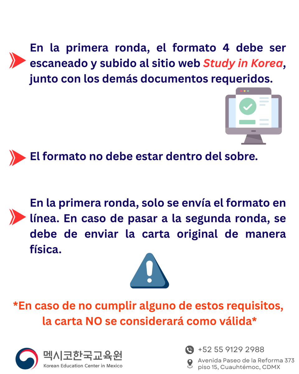 kec_mexico's tweet photo. 🎓🇰🇷¿Quieres aplicar a la beca GKS-U? Uno de los documentos es la Carta de Recomendación.
1️⃣Escrita por un profesor.
2️⃣En hoja membretada.
3️⃣Con sello oficial, fecha y firma autógrafa.
👉En la primera ronda, solo se sube el formato 4 escaneado.
#GKS #StudyinKorea #BecaCorea https://t.co/uc6qmbvHvr