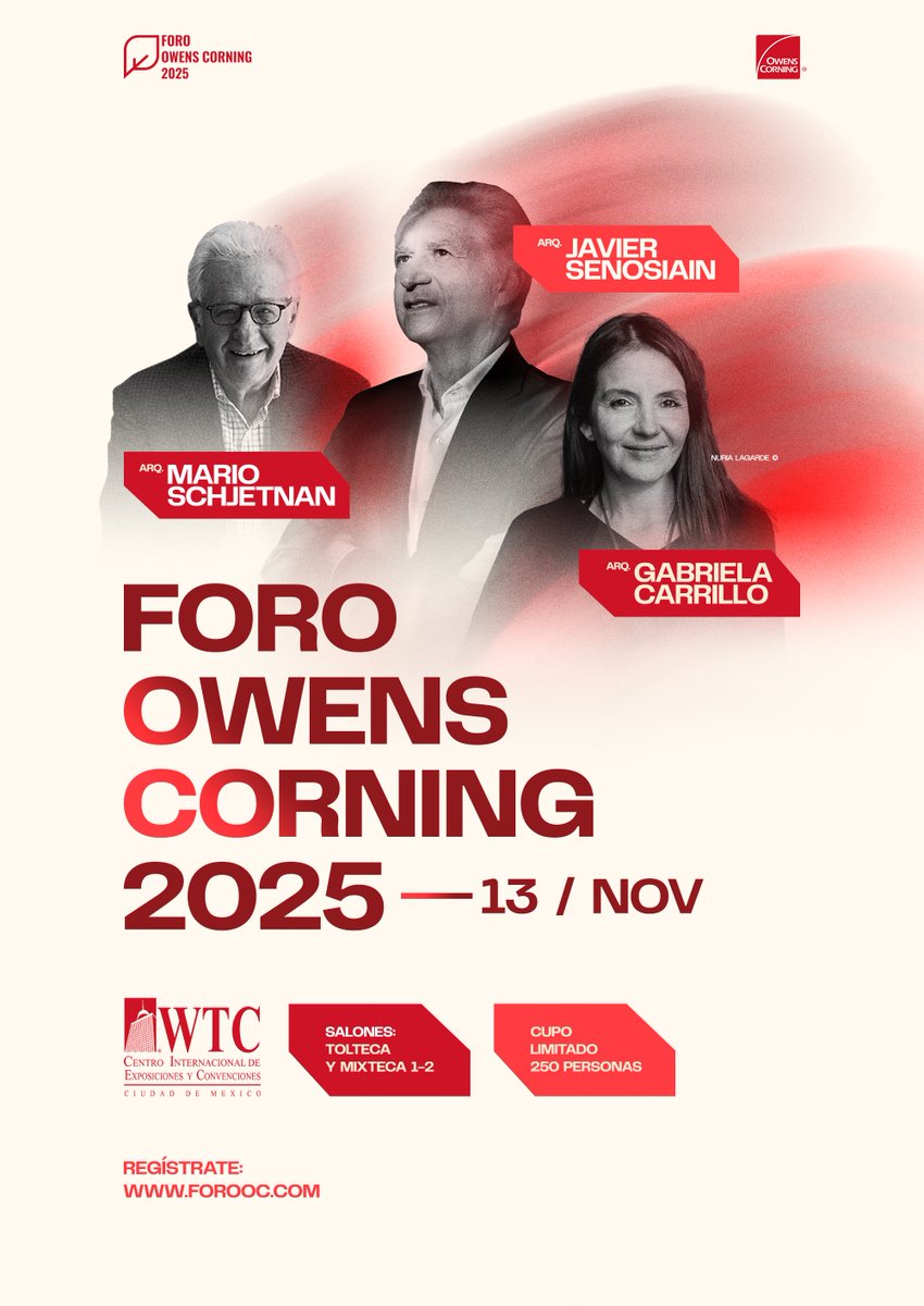 Muy contentos les contamos que el próximo 13 de noviembre estará Mario Schjetnan participando en el Foro Owens Corning 2025 junto a Gabriela Carillo y Javier Senosiain. ¡Regístrate en forooc.com que es con cupo limitado!