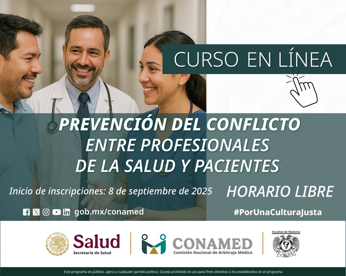 CONAMED_SALUD's tweet image. 🩺Inscríbete en el #CursoEnLínea: “#Prevención del conflicto entre profesionales de la salud y pacientes” avalado por la @FacMedicinaUNAM 👉 bit.ly/34rcpV0
⚖️Aprenderás alternativas de solución justas

🗓Inicia: 22.septiembre.2025
#CursosCONAMED #ProfesionalDeLaSalud