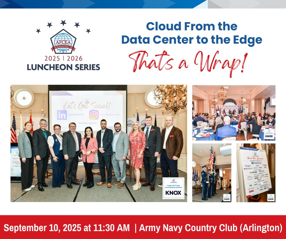 AFCEA DC kicked off our program year with a HUGE turnout at our first luncheon - we want to thank all our speakers who showed up to engage in a timely and important discussion on cloud computing. Next up is our luncheon on Acquisition Reform/Compliance on Nov 20 - see you there!