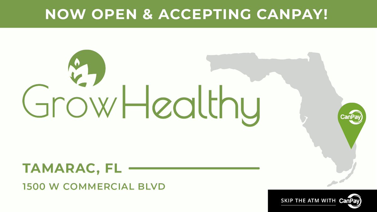 We are happy to announce that Grow Healthy has a new location now open in Tamarac, FL (1500 W Commercial Blvd)! They are accepting CanPay, so you can skip the hassle at the ATM with CanPay at checkout! -   zurl.co/mPAxw

#Flmmj #FLdispensary #CanPay #YesWeCanPay