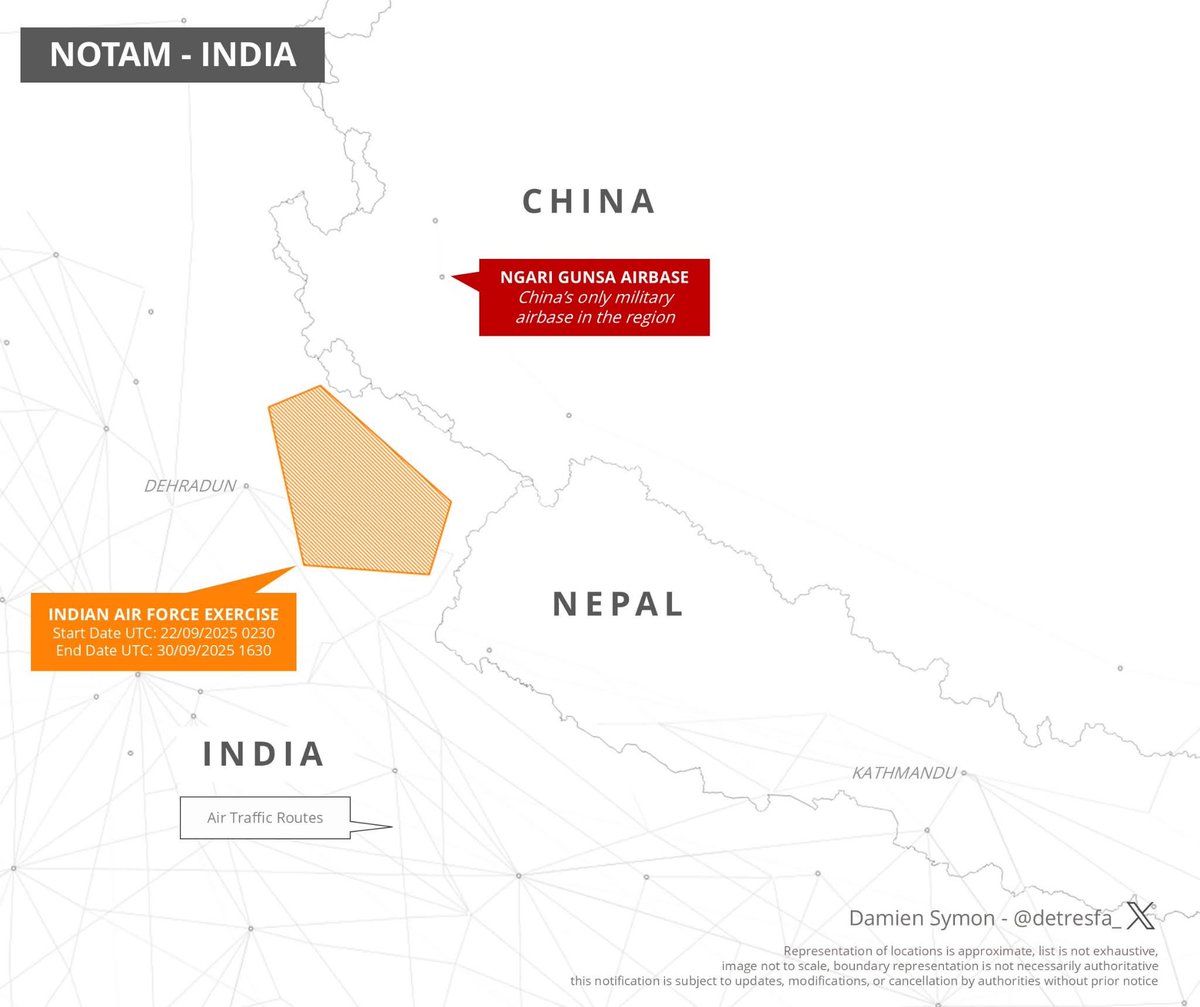 DefenceNewsOfIN's tweet image. 🇮🇳 India issues NOTAM for Air Exercises over northern sector.

📸 Infographics: Damien Symon 

#indianairforce #airexercise