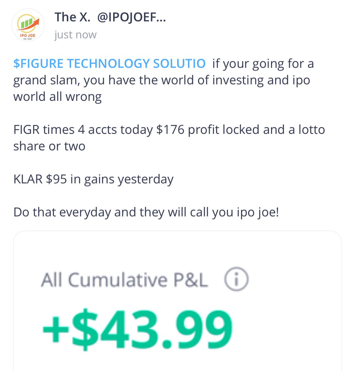 IPOJOEFAM's tweet photo. If you are not in our discord your missing 60 green calls in the last couple months just like this ……. https://t.co/cxQ9mHE1QG