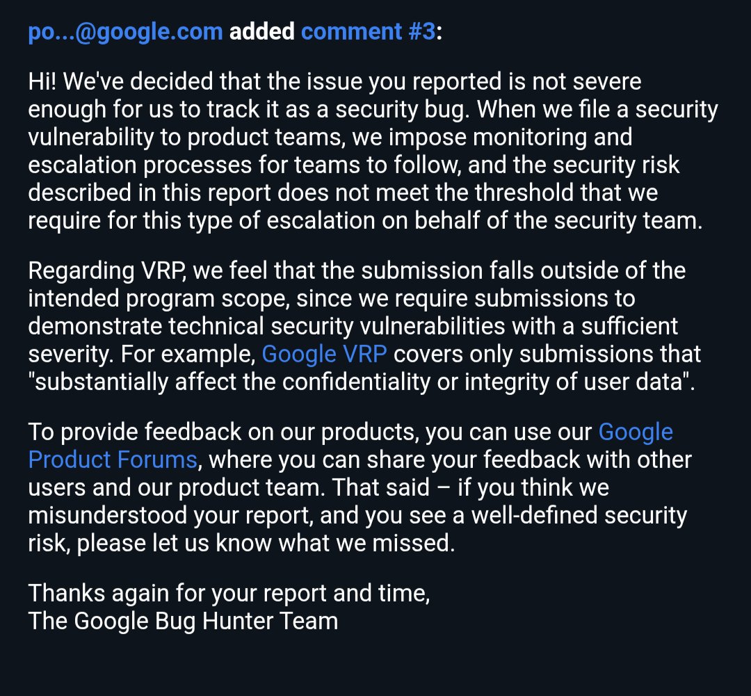 Aravind_cs871's tweet photo. I submitted a bug to the Google Bug Bounty Program. It was classified as low severity and not applicable under the policy. I hope to get another chance to do better and improve the process of submitting effective bug reports.

#bugbounty #VRP #Google #bugtips #CyberSecurity https://t.co/axkz2Mu3Lm