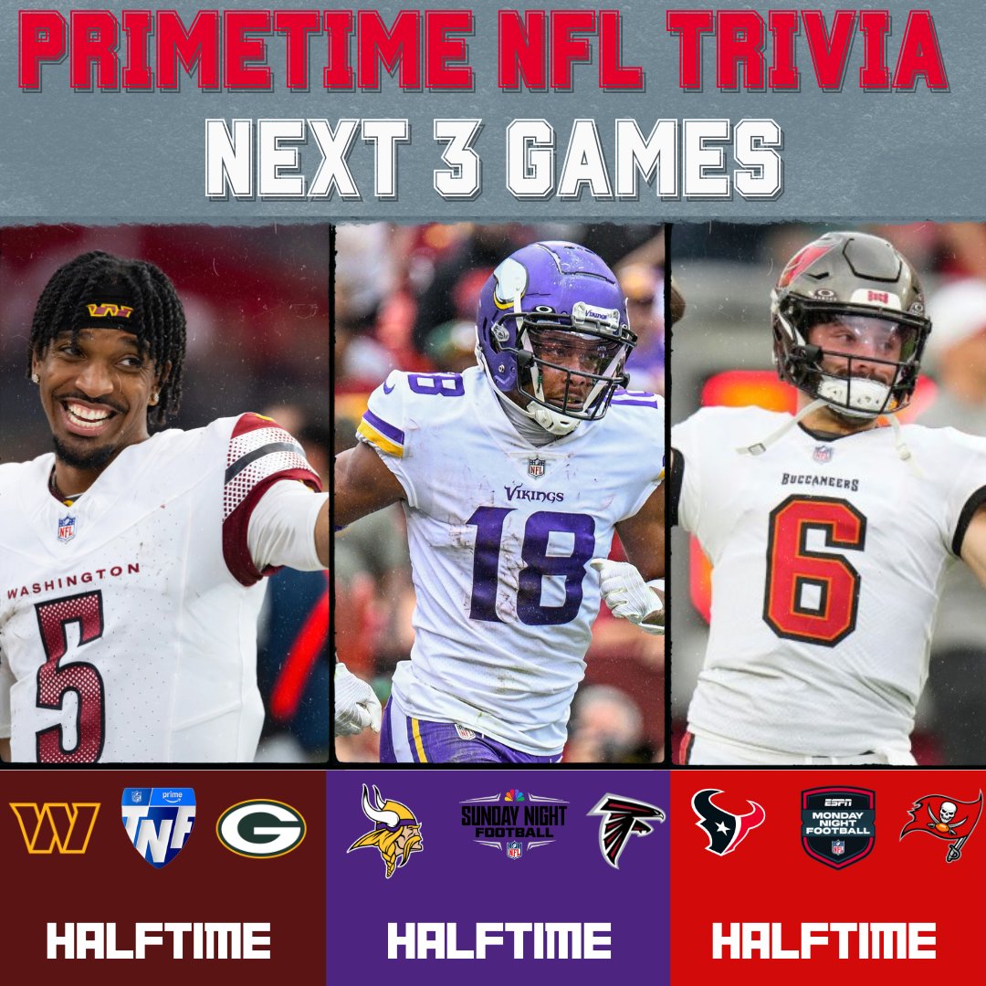 Primetime NFL Trivia Week 2 Slate! 

Play for free, compete &amp; put your knowledge to the test. 

Tonight's winner will take home a @redblacks jersey 👀

Tonight's game (TNF): bit.ly/4pjT8NG (begins at halftime)

#nfl #nfltrivia #giveaway #trivialeague