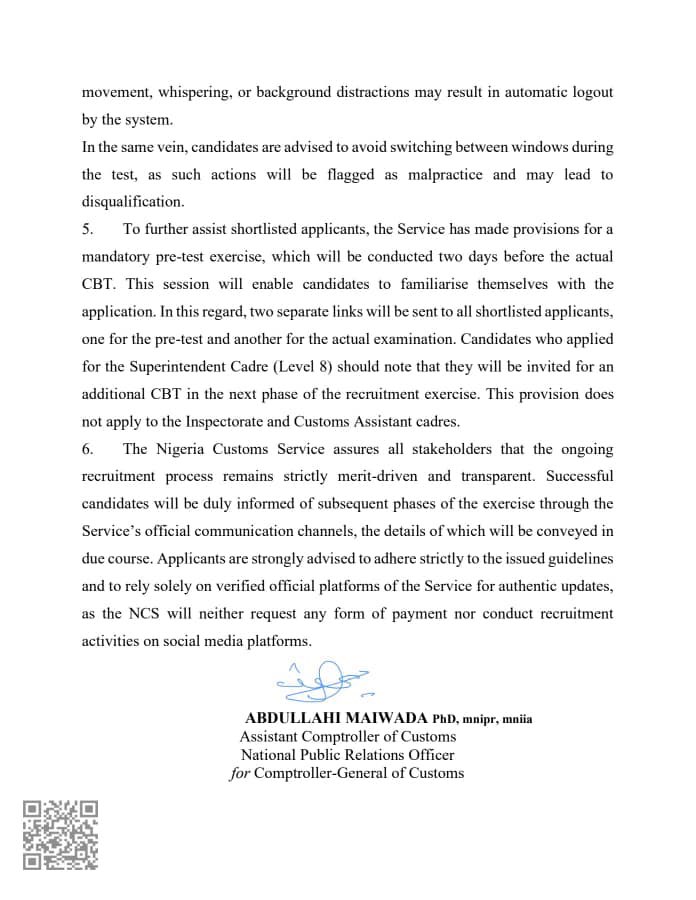 PRESS RELEASE 

NIGERIA CUSTOMS SERVICE UPDATE MEMBERS OF THE PUBLIC ON ITS ONGOING RECRUITMENT EXERCISE

<a href="/CustomsNG/">NIGERIA CUSTOMS</a>